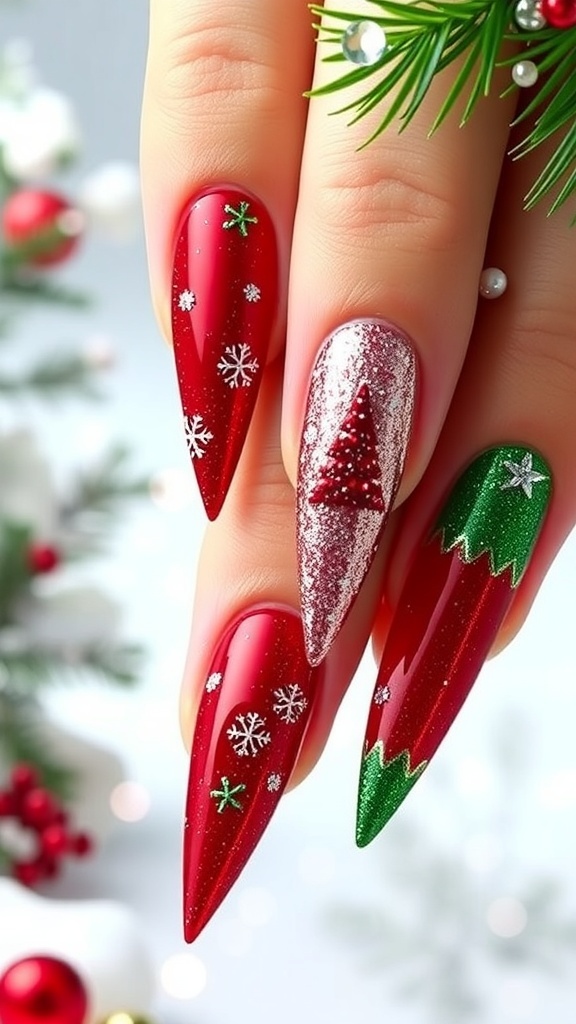 Festive stiletto nails in red and green with Christmas designs and glitter.